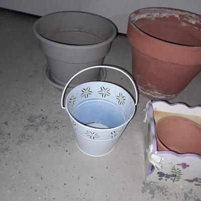 Terracotta Plant / flower pots one plastic pot, metal decorative bucket and wooden plant box