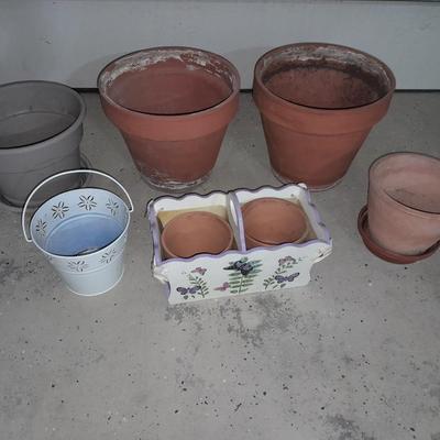 Terracotta Plant / flower pots one plastic pot, metal decorative bucket and wooden plant box