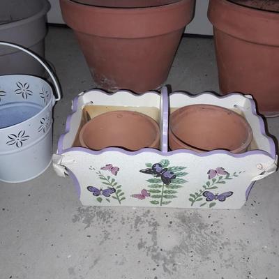 Terracotta Plant / flower pots one plastic pot, metal decorative bucket and wooden plant box