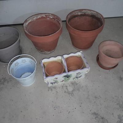 Terracotta Plant / flower pots one plastic pot, metal decorative bucket and wooden plant box