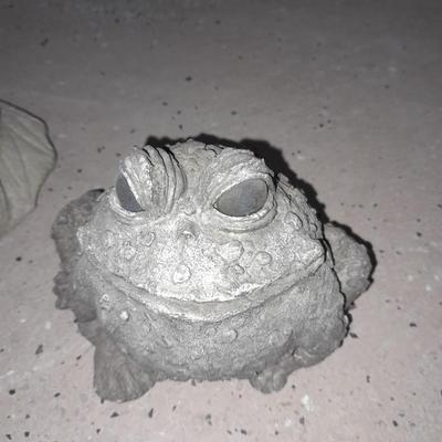 Two small cement garden / pond frogs and a happy toad
