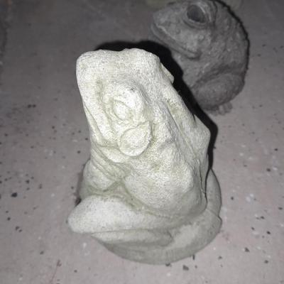Two small cement garden / pond frogs and a happy toad