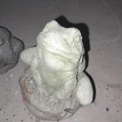 Two small cement garden / pond frogs and a happy toad