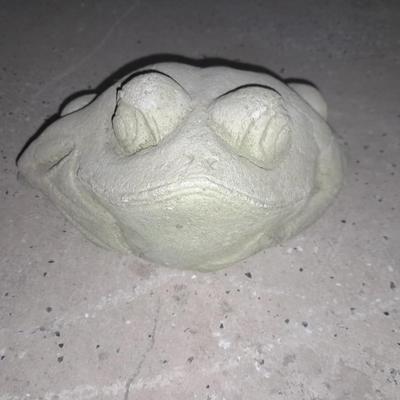 Two small cement garden / pond frogs and a happy toad