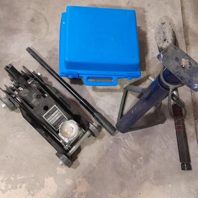 Automotive items safety pack, jumper cables, flares, and emergency with Sears Hydraulic floor Auto Jack