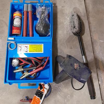 Automotive items safety pack, jumper cables, flares, and emergency with Sears Hydraulic floor Auto Jack