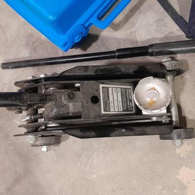 Automotive items safety pack, jumper cables, flares, and emergency with Sears Hydraulic floor Auto Jack