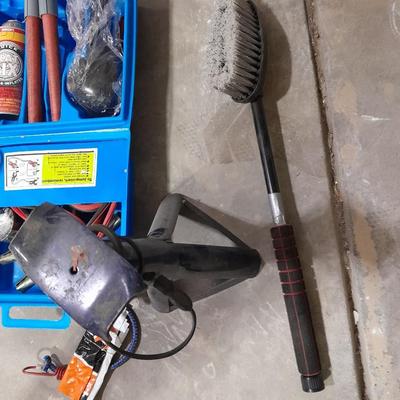 Automotive items safety pack, jumper cables, flares, and emergency with Sears Hydraulic floor Auto Jack