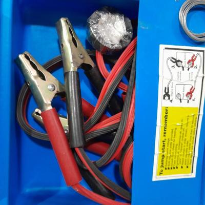 Automotive items safety pack, jumper cables, flares, and emergency with Sears Hydraulic floor Auto Jack