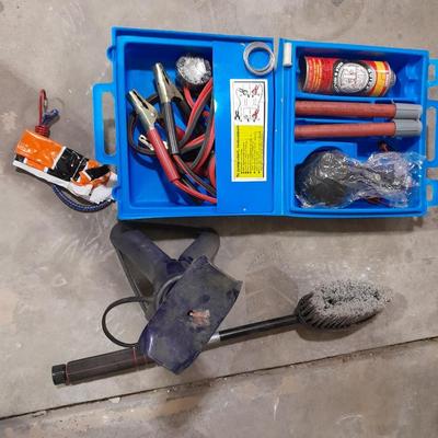 Automotive items safety pack, jumper cables, flares, and emergency with Sears Hydraulic floor Auto Jack