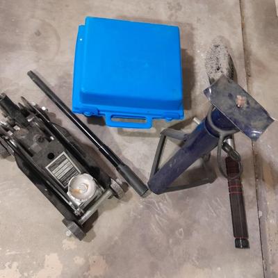 Automotive items safety pack, jumper cables, flares, and emergency with Sears Hydraulic floor Auto Jack