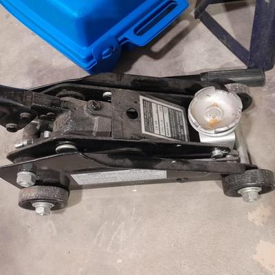 Automotive items safety pack, jumper cables, flares, and emergency with Sears Hydraulic floor Auto Jack