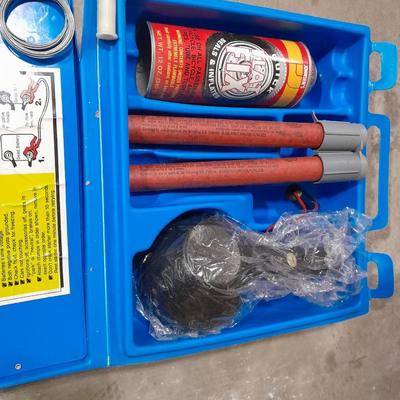 Automotive items safety pack, jumper cables, flares, and emergency with Sears Hydraulic floor Auto Jack