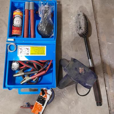 Automotive items safety pack, jumper cables, flares, and emergency with Sears Hydraulic floor Auto Jack