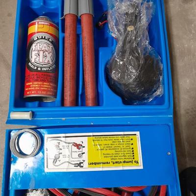 Automotive items safety pack, jumper cables, flares, and emergency with Sears Hydraulic floor Auto Jack