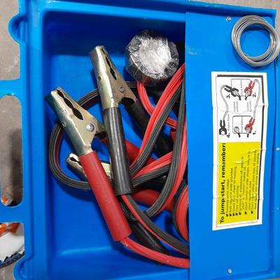 Automotive items safety pack, jumper cables, flares, and emergency with Sears Hydraulic floor Auto Jack
