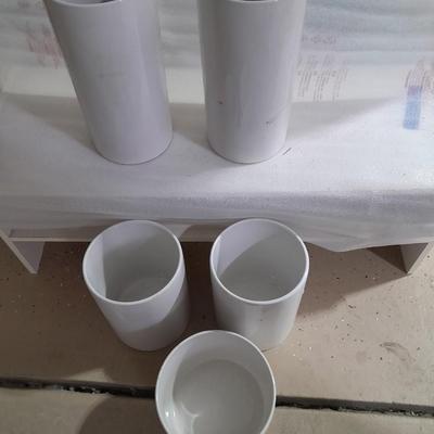 Five different sized Ikea White pillar vases / crocks for special events or home use