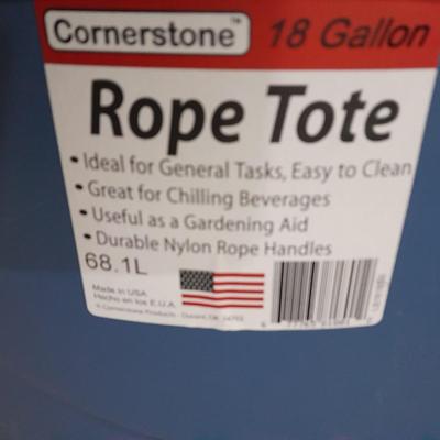Snow shovels, Push broom, mop, and how with a 18 gallon rope tote