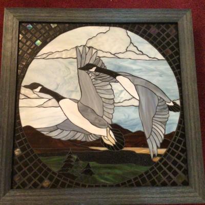654 Mosaic Geese Stained Glass Artisan Made Framed Art