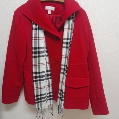 Two women's size Large Coats long wool Stephane Mathews, and shorter red JM Collection with scarf