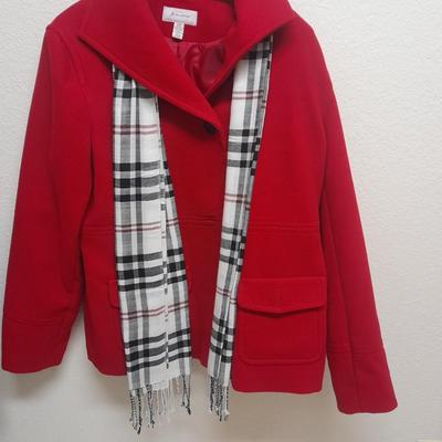 Two women's size Large Coats long wool Stephane Mathews, and shorter red JM Collection with scarf