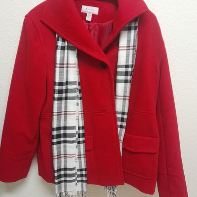 Two women's size Large Coats long wool Stephane Mathews, and shorter red JM Collection with scarf