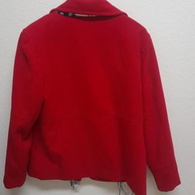 Two women's size Large Coats long wool Stephane Mathews, and shorter red JM Collection with scarf