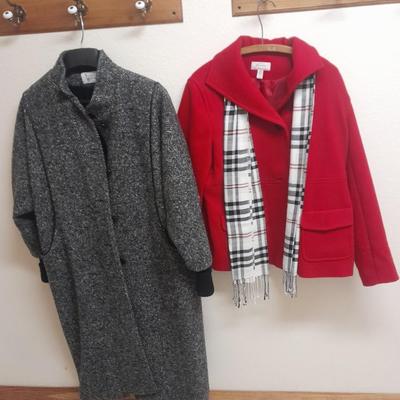 Two women's size Large Coats long wool Stephane Mathews, and shorter red JM Collection with scarf