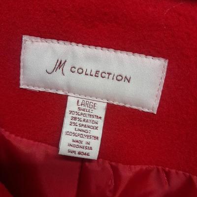 Two women's size Large Coats long wool Stephane Mathews, and shorter red JM Collection with scarf