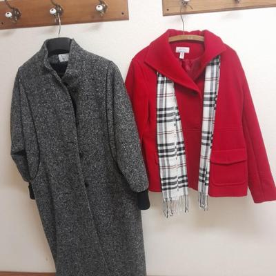 Two women's size Large Coats long wool Stephane Mathews, and shorter red JM Collection with scarf