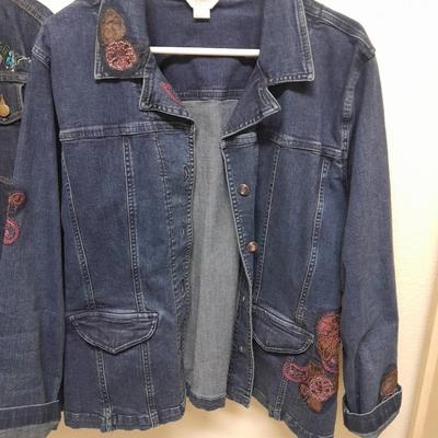 Three Jean Jackets, two with Embroidered design Christopher Banks XL & x, Sag Harbor XL