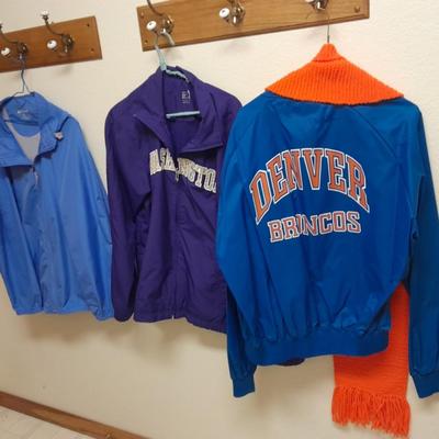 Three windbreaker type jackets, Bronco's, Washington, sizes L & XL
