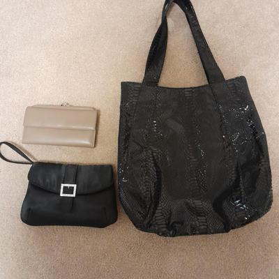 Black purse with wallet and evening bag