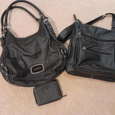 Two black leather like Rosetti purses and a small black Rosetti wallet