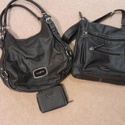 Two black leather like Rosetti purses and a small black Rosetti wallet