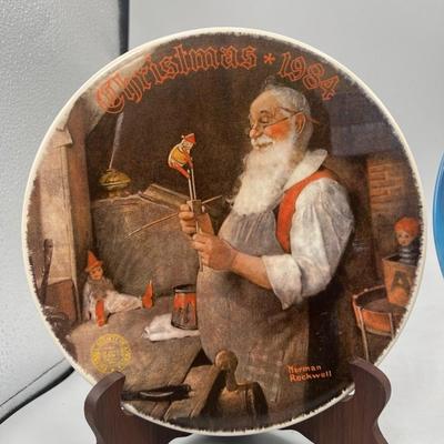 Vintage Norman Rockwell Christmas Collector Plates Santa in his Workshop & Wrapped Up in Christmas