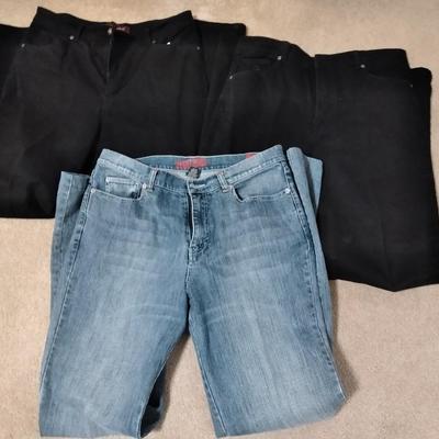Three pairs of Women's Jeans West side 12, and 2 black Gloria Vanderbilt 12,