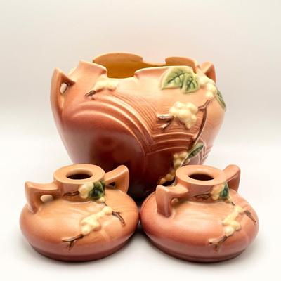 ROSRVILLE ~ Snowberry Brown ~ Vtg. Vase & Two (2) Candle Stick Holders