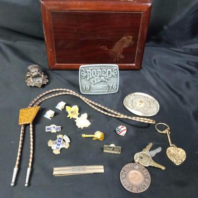 MEN'S BELT BUCKLES, PINS, TIE CLIP WOODEN JEWELRY BOX AND MORE
