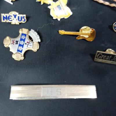 MEN'S BELT BUCKLES, PINS, TIE CLIP WOODEN JEWELRY BOX AND MORE