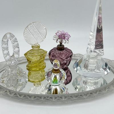 ANTOINETTES ~ Vtg Mirrored Glass Tray & Five (5) Glass Perfume Bottles