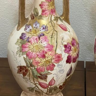 Pair ~ ROYAL BONN ~ Vtg Hand Painted Pink & Lavender Floral Vases