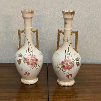 Pair ~ ROYAL BONN ~ Vtg Hand Painted Pink & Lavender Floral Vases