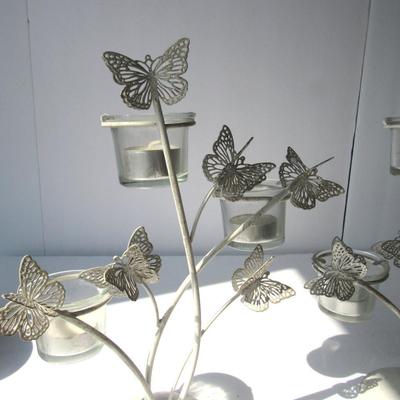 Pretty Metal and Glass Votive Candle Holder Pair, Butterflies