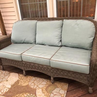 Four Piece Outdoor Patio Set with Cushions (Wicker Like) -Lot 451