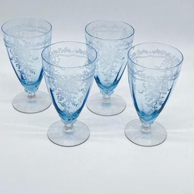 FOSTORIA ~ June Blue ~ Center Handle Tray & Four (4) Parfait Glasses