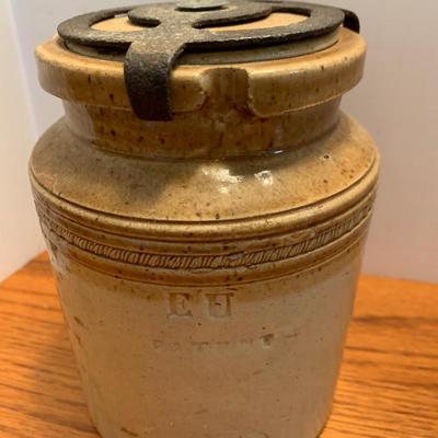 Early Antique Stoneware Crock w/ Lid & Original Lock