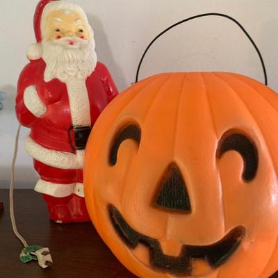 Vintage Plastic Blowmold Santa and Halloween Pumpkin