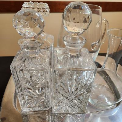 Vintage Barware Set of Decanters with Stoppers cut Design Glass Pitcher Chrome Tray