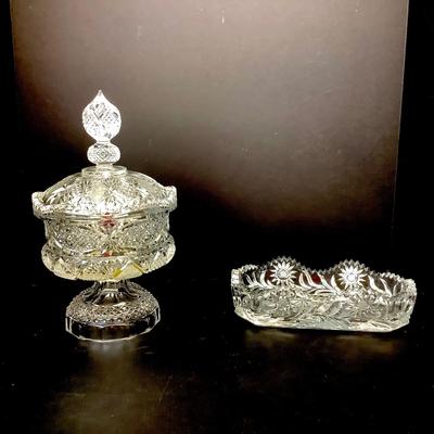 Lot 634  Vintage Clear Crystal Tall/Large, Heavy Pedestal/Lidded Candy Dish & Antique U.S. Glass Daisy/Pickle Dish EAPG